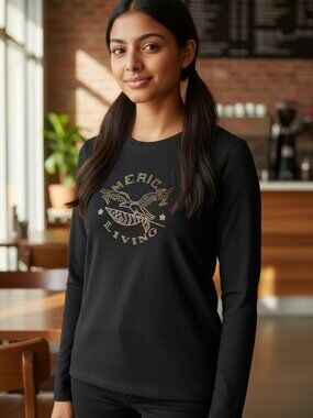 American Living Black Tee Large Embellished Long Sleeve Cotton Top